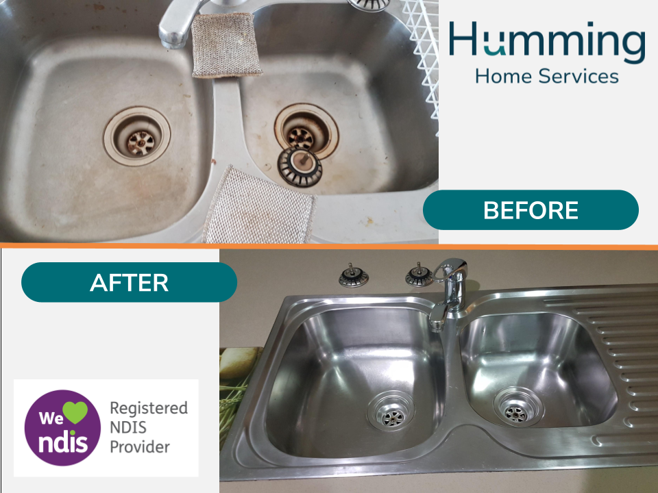 Before and after photos of a kitchen sink cleaned by Humming Home Services, an NDIS registered provider