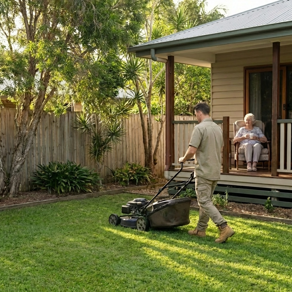 Gardener mowing a backyard lawn while an older resident watches from the verandah