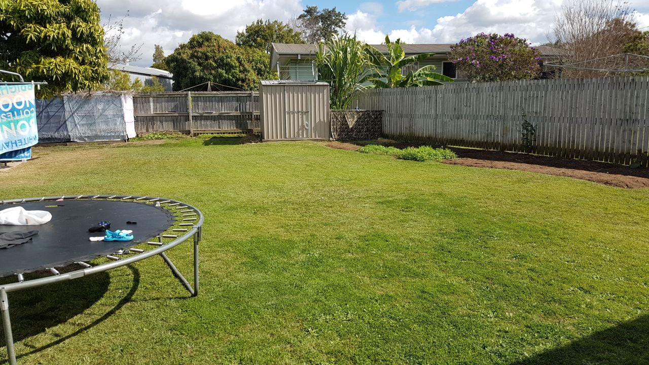 Freshly mown backyard lawn with clear edges after a regular NDIS yard maintenance visit