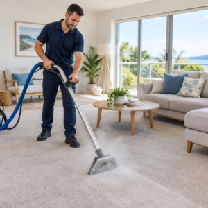 Humming Home Services cleaner steam cleaning carpet in a bright Sunshine Coast living room