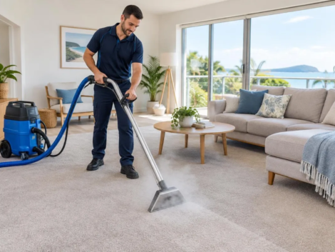 Humming Home Services cleaner steam cleaning carpet in a bright Sunshine Coast living room