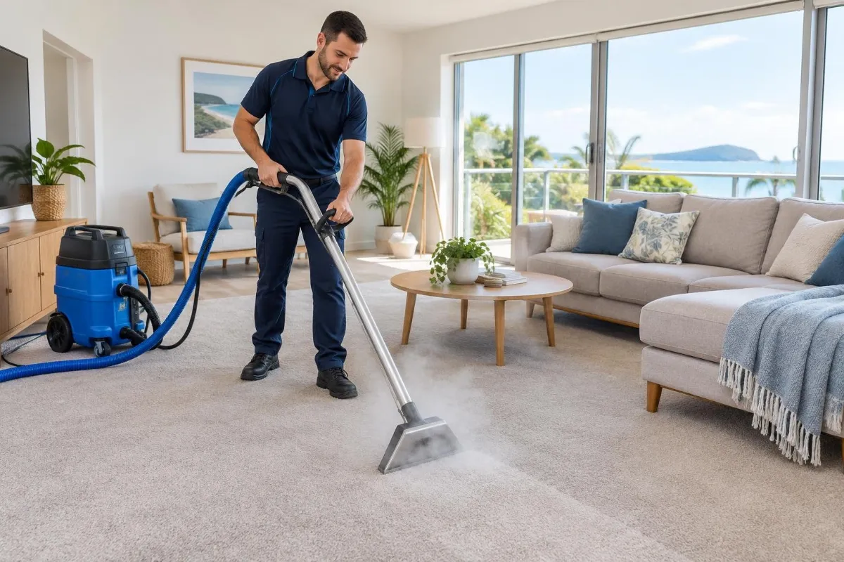 Humming Home Services cleaner steam cleaning carpet in a bright Sunshine Coast living room