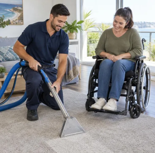 Humming Home Services cleaner talking with an NDIS participant in a wheelchair while cleaning her carpet